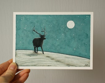 Reindeer and full moon painting, Reindeer silhouette illustration, Wildlife artwork, Original animal art, Small original art on cardboard