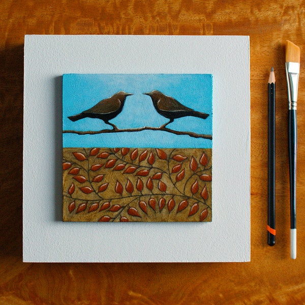 Modern bird art, Small bird wall art, Original bird painting, Couple of birds, Love birds, 8x8 inch Acrylic painting on wood, Autumn leaves