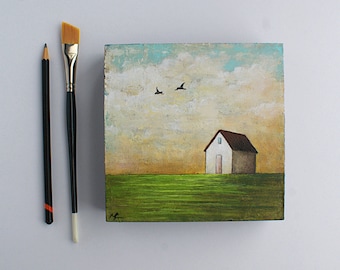 Painting of house & clouds, Landscape painting with a shack, Colorful modern folk art, Fanciful summer rural artwork, Original Canadian art