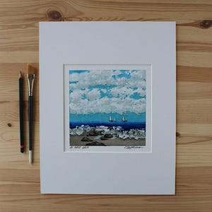 Original painting of sailboats & seaside, Sailing boat painting, Impressionist coastal artwork, 6" x 6" blue sea art within an 11" x 14" mat image 1