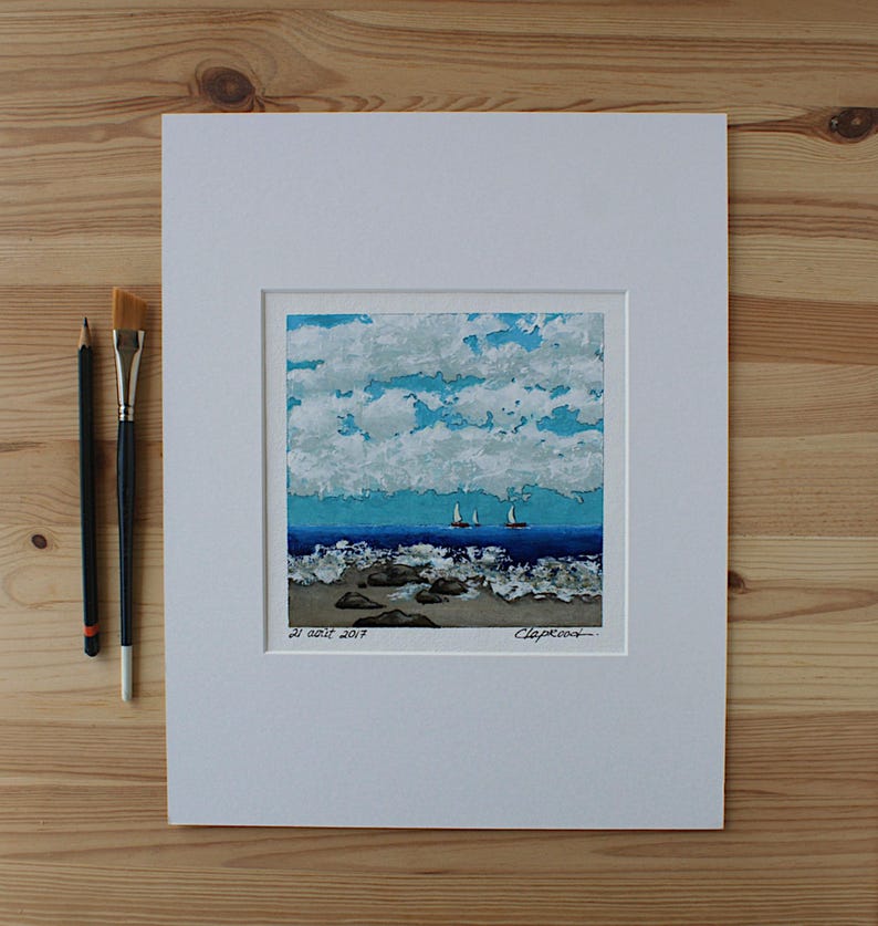 Original painting of sailboats & seaside, Sailing boat painting, Impressionist coastal artwork, 6" x 6" blue sea art within an 11" x 14" mat image 1