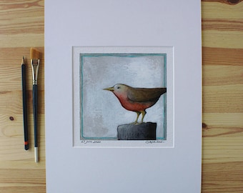 Robin bird painting, Whimsical bird painting, Original bird artwork, Bird lovers art gift, Modern folk art, Matted artwork, Canadian artist