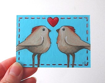 Original hand-painted ACEO, Small painting of a pair of birds & heart, Mini whimsical bird painting, Bird art, Shipping within Canada only