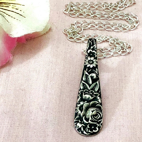 Sterling Floral Pendant Necklace 925 Silver Chain 12 to 30  Custom Kirk Antique 1828 Spoon Silverware June Birthday Anniversary Jewelry Gift