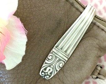 Silver Spoon Purse Hook Jewelry DANISH QUEEN 1944 Key Ring Finder Vintage Wallace Upcycled Silverplate Her Keychain Gift