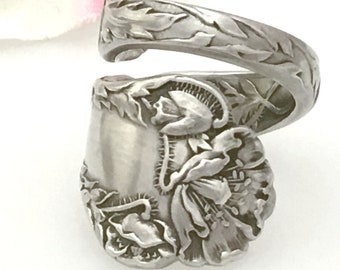 Sterling POPPY Ring Sz 6 to 12 Custom Gorham Antique Repurposed Silver Spoon Flatware August California Birthday Anniversary Jewelry Gift
