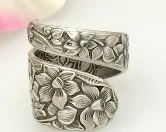 Sterling Silver Ring NARCISSUS Spoon Size 8 to 13 Custom Repurposed National 1936 Vintage Silverware Her Birthday Jewelry December Gift