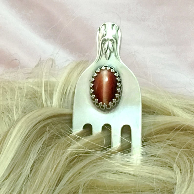 Sterling Hair Fork Pin Red Tigereye Gemstone Vintage Silver Fork Repurposed Silverware Her Wedding Jewelry Gift