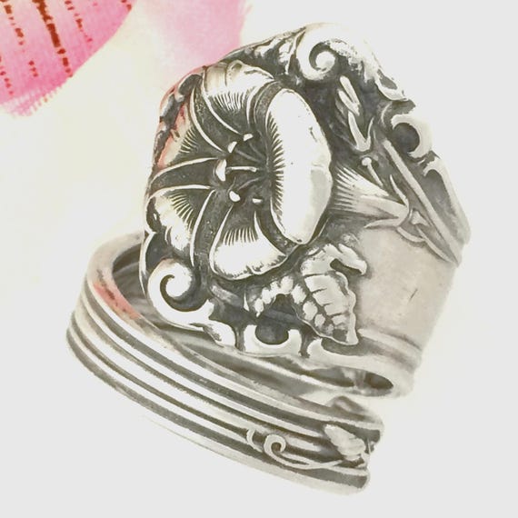 Sterling MORNING GLORY Ring  ORIGINAL Silverware Size 7 to 12 Custom Alvin 1909 Upcycled Silver Spoon Jewelry Gift for Her September Flower