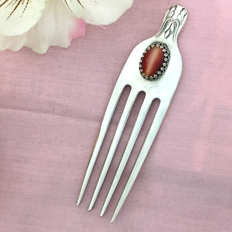 Sterling Hair Fork Pin Red Tigereye Gemstone Vintage Silver Fork Repurposed Silverware Her Wedding Jewelry Gift