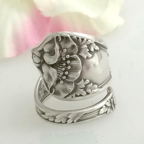 Sterling POPPY Ring Demi Sz 3 to 6 Custom Repurposed Manchester Antique 1904 Silver Spoon Silverware Jewelry California August Flower Gift