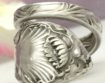 Sterling Silver LOTUS Ring Pond Lily Size 8 to 13 Custom 1901 Blackinton Antique Spoon Silverware July Anniversary Birthday Jewelry Gift