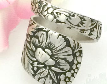 Vintage Sterling Poppy Ring Rare EMBOSSED Pattern Sz 8 to 13 Custom International Silver 1882 Upcycled Silverware Spoon Jewelry August Gift