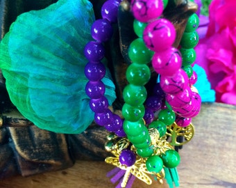 Emerald Green Spotted Beaded Bracelet with Charms and Tassel