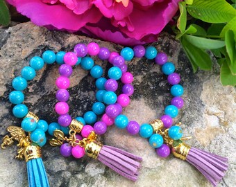 Childrens Pink and Purple Beaded Bracelet w/ Charms & Tassel