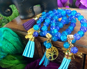 Childrens Crystal Blue & Purple Beaded Bracelet with Charms and Tassel