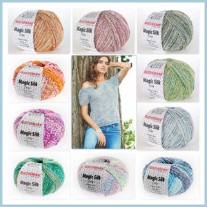 Peut inclure: Neuf pelotes de fil Austermann Magic Silk dans différentes combinaisons de couleurs. Le fil est un mélange de soie et de laine et est disponible dans une variété de couleurs.