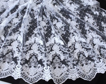 0.5 m lace fabric, tulle lace, scalloped edge, sequins, wedding, bridal dress, white