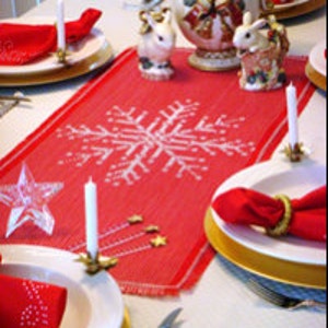 May include: Red table runner with a white snowflake design, two white candles, and two white porcelain bunny figurines. The table runner is set on a white table with white plates and red napkins.