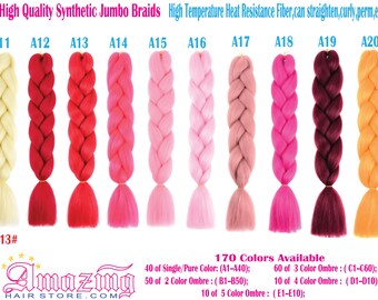 Buy 10 get 12 PACKS Color A1~A40 of 255 fancy Color High Quality Braiding Hair 24 inch Jumbo Braids Ombre Synthetic Fiber Hair Extensions