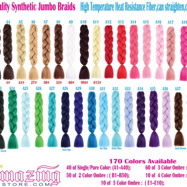 Buy 10 get 12 PACKS Color A1~A40 of 255 fancy Color High Quality Braiding Hair 24 inch Jumbo Braids Ombre Synthetic Fiber Hair Extensions