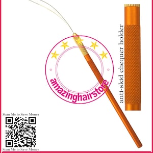 May include: Orange hair extension tool with a metal loop and a textured anti-skid handle. The tool is labeled "anti-skid chequer holder". The text "Scan Me to Save Money" appears twice with a QR code. The text "PROFESSIONAL HAIR EXTENSION TOOL SETS" appears in large letters. The text "Type: Hair Extension Metal looping tool Qty: 1pc" appears below. The text "NEW" appears in a yellow box in the upper right corner.