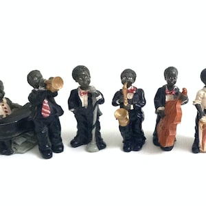 ヴィンテージ オルゴール ジャズ BLACKY JAZZMAN Antique Black Americana Jazz Band Figurines - Large Statues