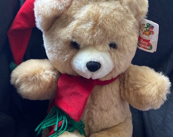 Vintage Holiday Plush Teddy Bear with Holiday and Scarf 16”