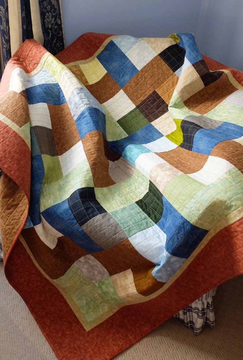 Modern Sofa Throw Patchwork Quilt Earth Tones Brown Blue Green Etsy