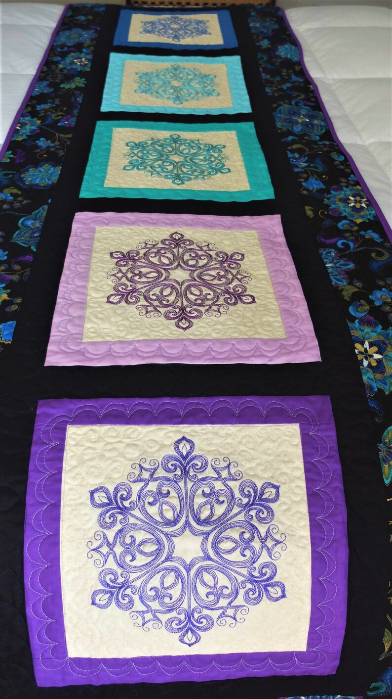 Patchwork quilted Queen bed runner machine embroidered Etsy