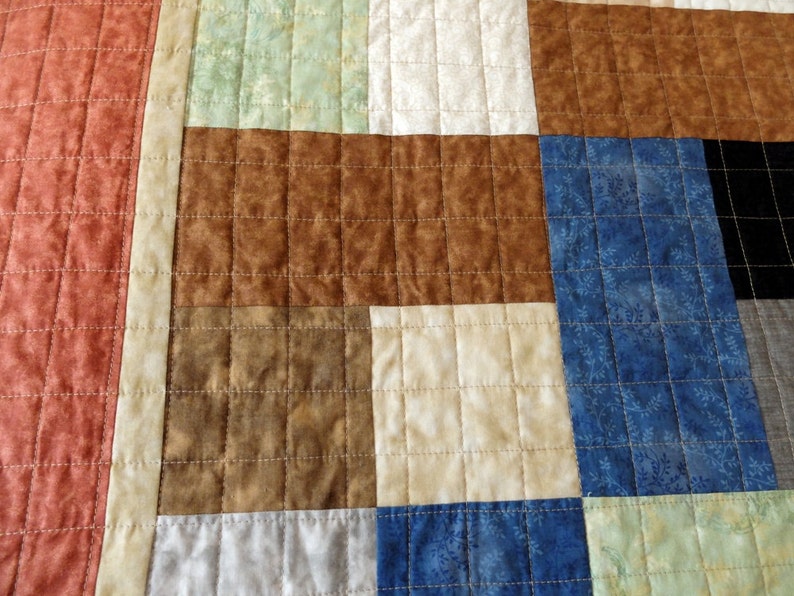 Modern Sofa Throw Patchwork Quilt Earth Tones Brown Blue Green Etsy
