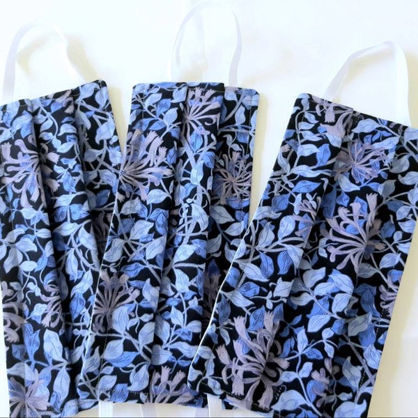 Face Masks, 3 layers, Australian handmade, Batik and Cotton, washable/reusable, blue and purple leaves
