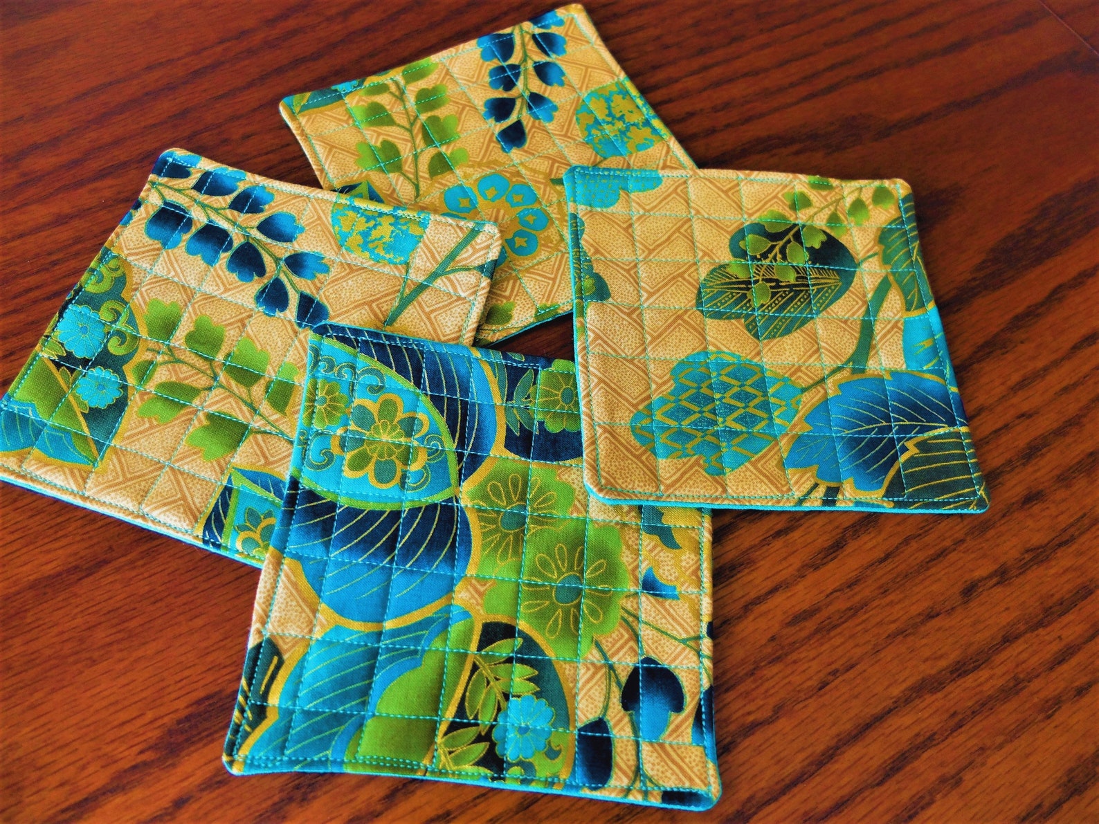 Quilted Fabric Coasters Set of Four Drink Mats Turquoise Etsy