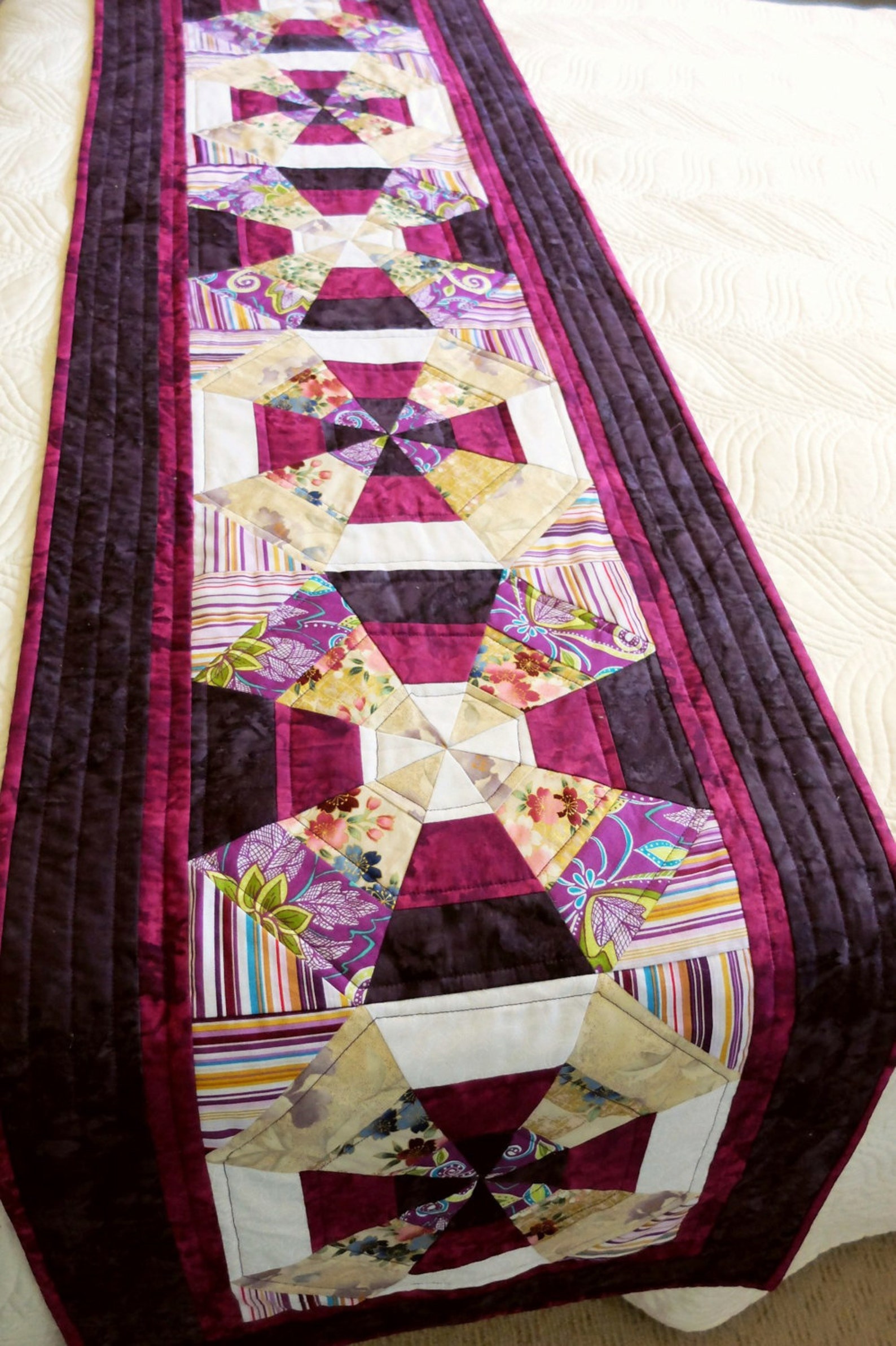 Patchwork Quilted Queen Bed Runner Bed Scarf Modern Purple Etsy