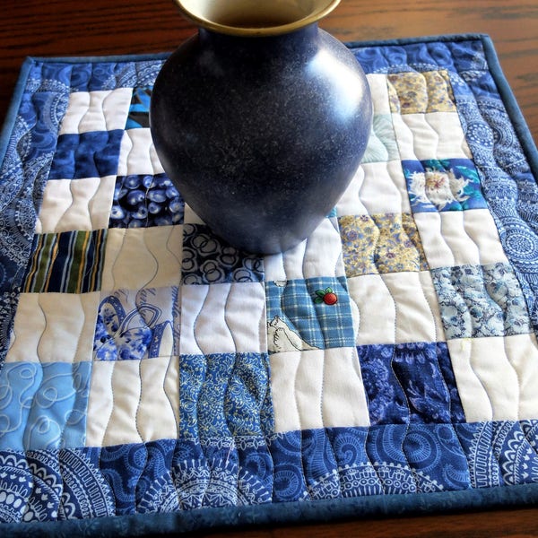 Quilted Patchwork Candle Mat, Table Topper,  blue and white beach house decor, fabric lamp table topper