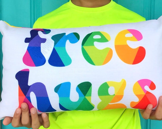 Free Hugs Rectangular Pillow Squeeze Me Throw Pillow Rainbow Colors Triangles - Double Sided