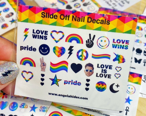 Rainbow Slide Off Nail Decals with Love Wins, Love is Love Pride, Smiley Faces, Unicorn, Peace, Hearts and More...
