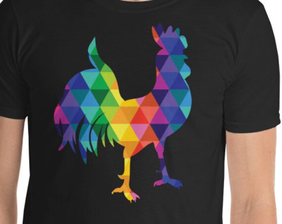 Soft T-shirt with a Colorful Geometric Rooster for a Man or Woman Who Love Roosters and Rainbows
