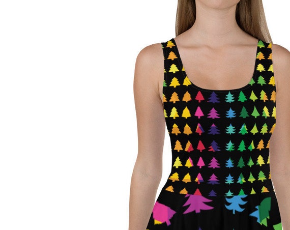 Ladies Christmas Tree Dress Holiday Outfit Women's Skater Dress Soft Comfortable Rainbow Dress Black Present