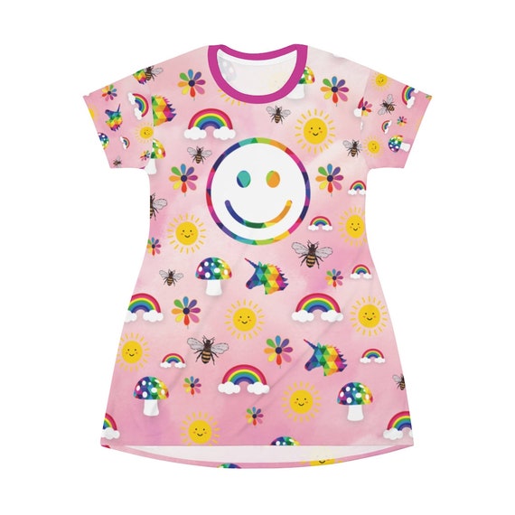 Rainbow and Clouds All Over Print T-Shirt Dress