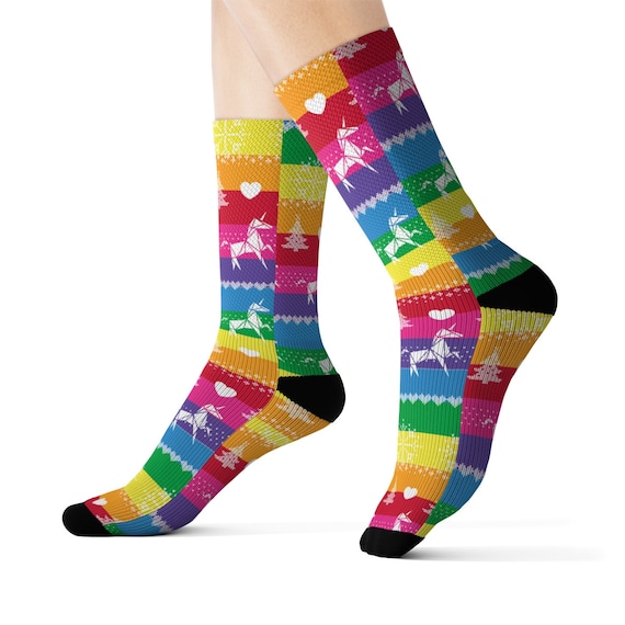 The Candy Christmas Sweater Socks with Unicorns and Rainbow Colors - Multi Striped Socks - Stocking Suffers - White Elephant Gift- Cozy Fun