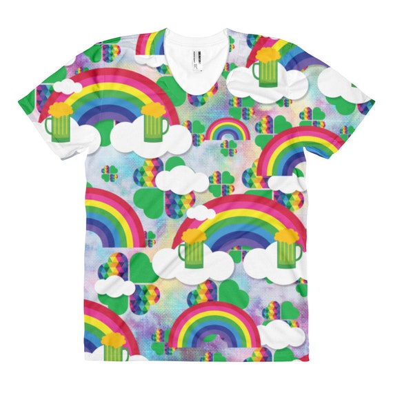Colorful St. Patrick's Day All Over Women's t-shirt with Rainbows Clouds and Beer Gifts