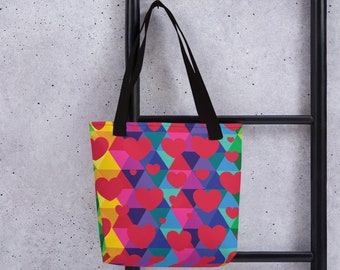 Colorful Hearts Tote bag for Your Valentine or Lover of Hearts - Red Hearts on Rainbow