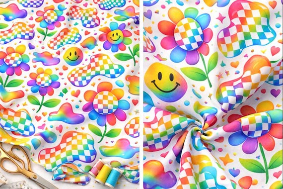 Rainbow Groovy Checkerboard Floral Seamless Pattern, Retro Flower Digital Download, Colorful Printable Wall Art, Psychedelic Dopamine Design