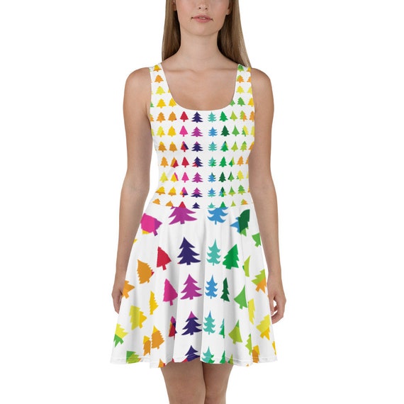 Ladies Christmas Tree Dress Holiday Outfit Women's Skater Dress Soft Comfortable Rainbow Dress White Present