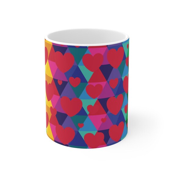 Colorful Hearts White Ceramic Mug Rainbow Love Gift