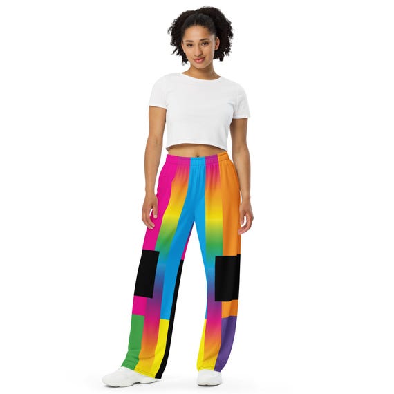Rainbow Patchwork Pants • Colorful Block Print Joggers • Bright Festival Sweatpants • Unisex Rainbow Lounge Pants