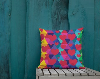 Colorful Hearts Premium Pillow for Valentines Lovers Decor - Red Hearts on Rainbows