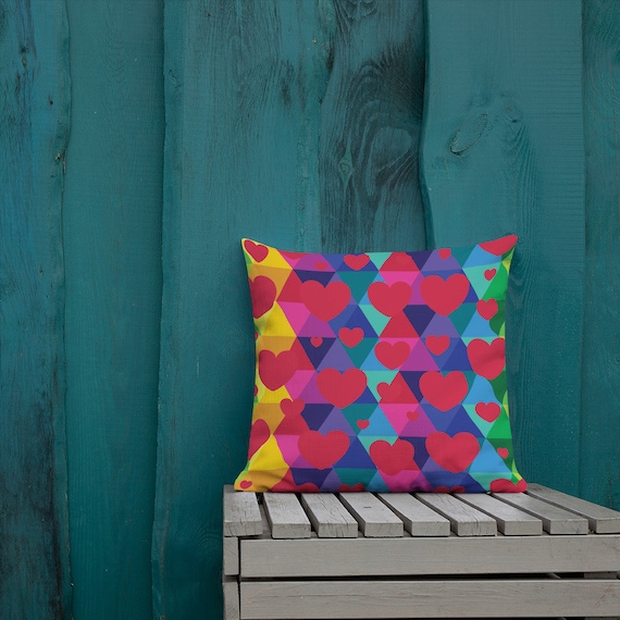 Colorful Hearts Premium Pillow for Valentines Lovers Decor - Red Hearts on Rainbows