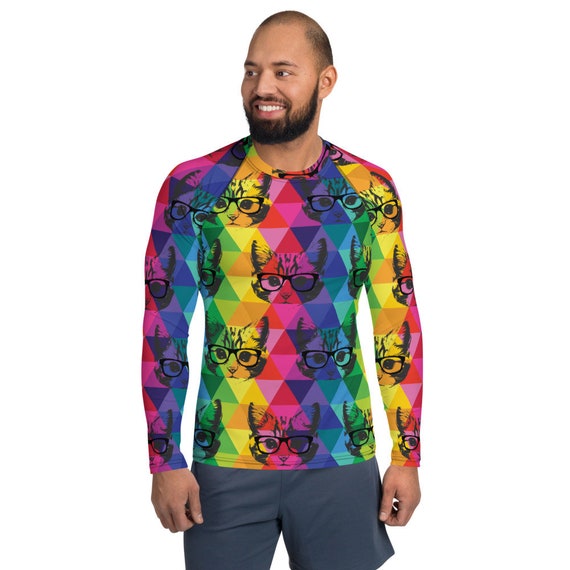 Funny Colorful Cat with Glasses Men's Rash Guard